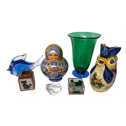 Orrefors fluted glass vase, together with glass fish paperweight, Russian doll and other collectables 