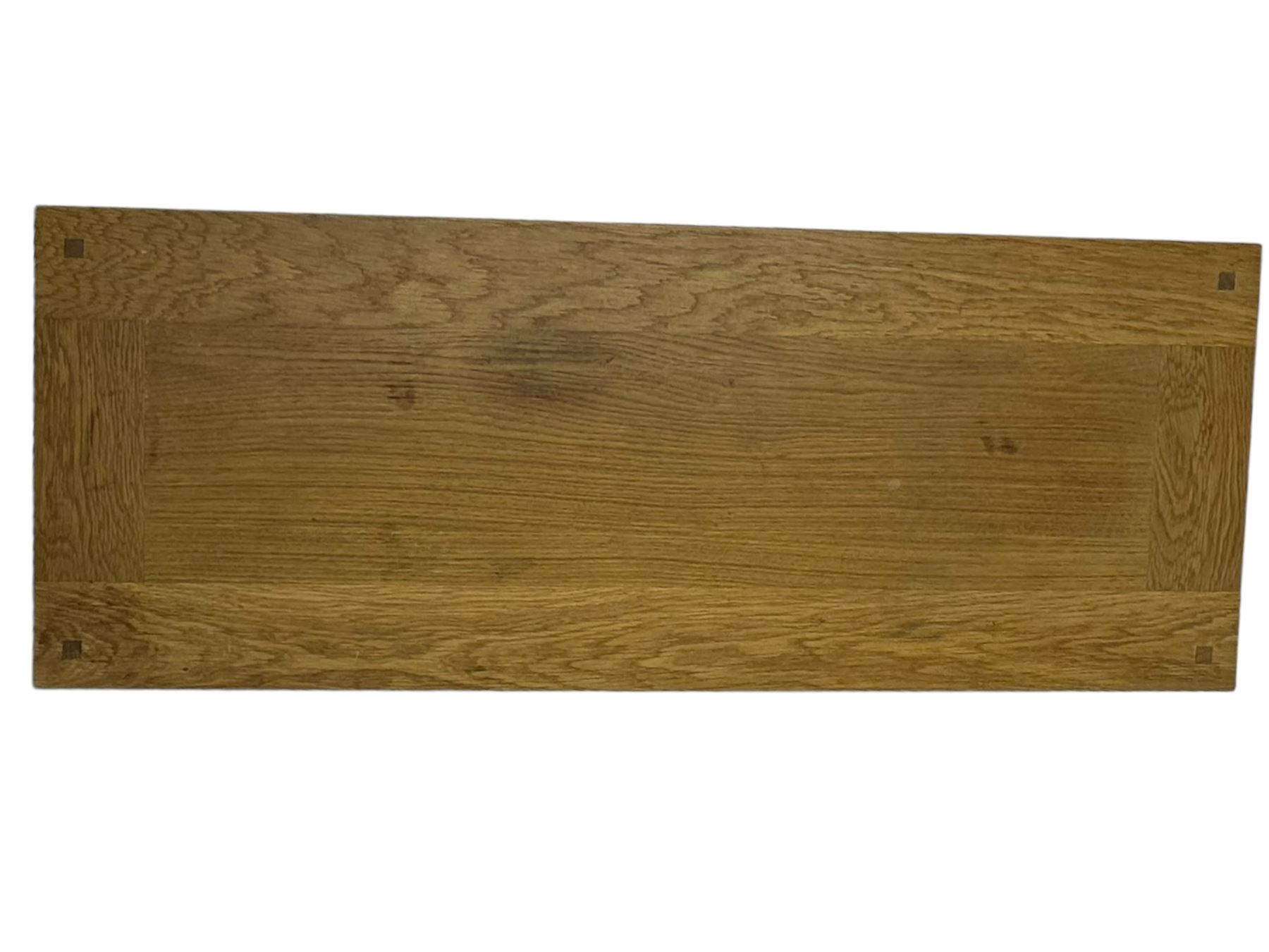 Laura Ashley - contemporary Milton oak console table, rectangular top over two drawers with pewter effect bow handles, on square legs supported by stretcher 