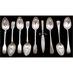 Early 20th century silver page marker, with bone handle by Crisford & Norris Ltd, together with a set of five William IV silver Fiddle pattern teaspoons, engraved with monogram to terminal, hallmarked John Harris V, London 1836, and a set of three William IV silver Old English pattern teaspoons, with engraved initial to terminal, hallmarked Robert Hennell II, London 1832