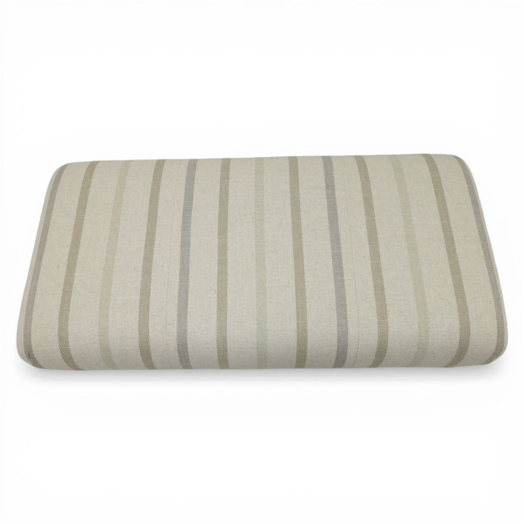 Footstool upholstered in striped fabric, with turned dark stained tapered feet