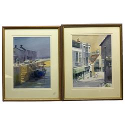 John Bastin (British 1929-): 'Lyme Regis Harbour Looking West' and Street Scene, pair watercolours signed 36cm x 27cm (2)