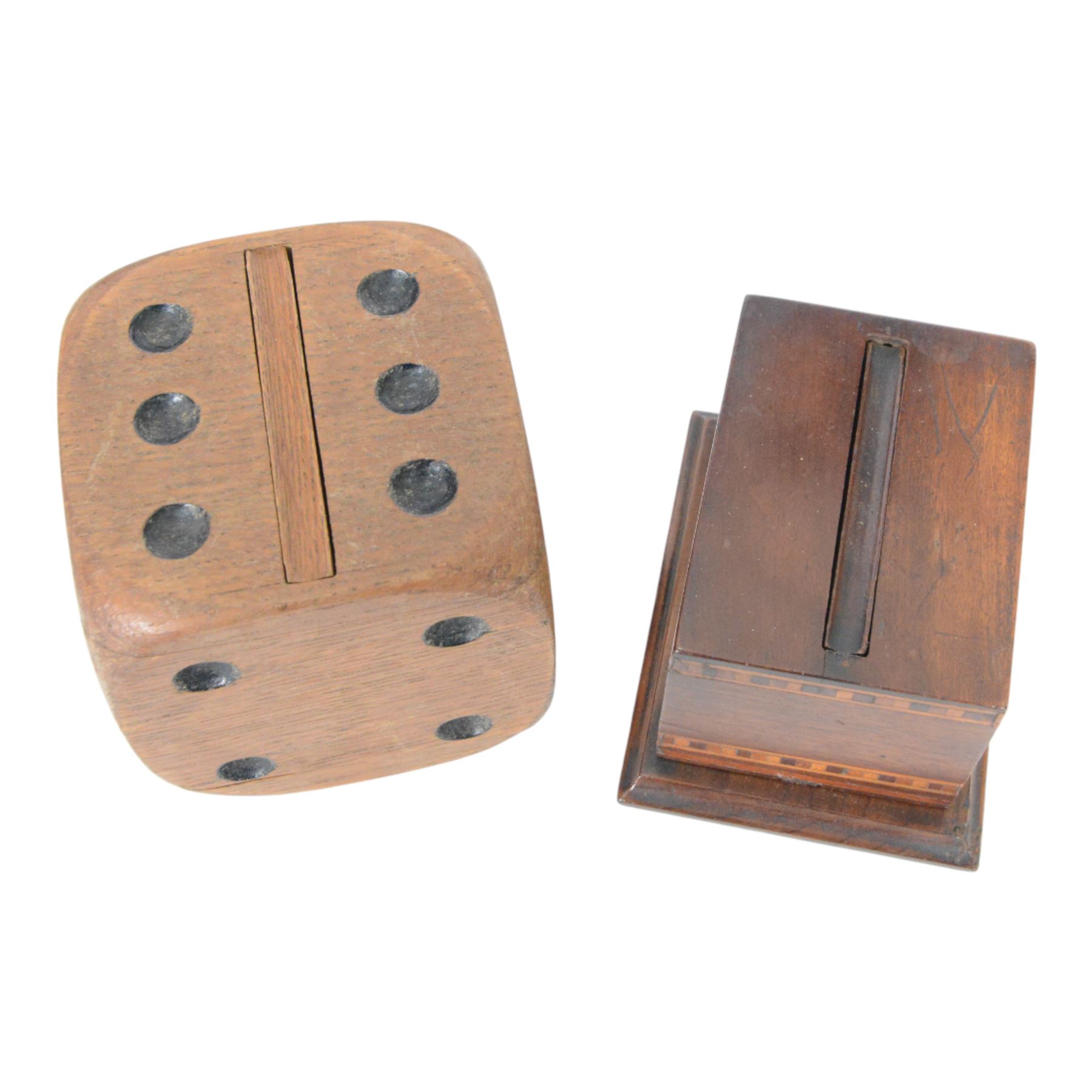 Collection of early 20th century and later novelty cigarette dispensers, including Japanese marquetry example, Players Navy Cut box, dice design etc  