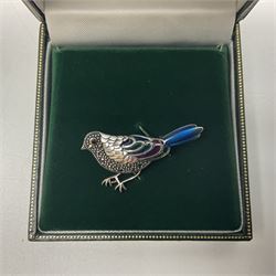Silver plique-a-jour and marcasite bird brooch, stamped 925 