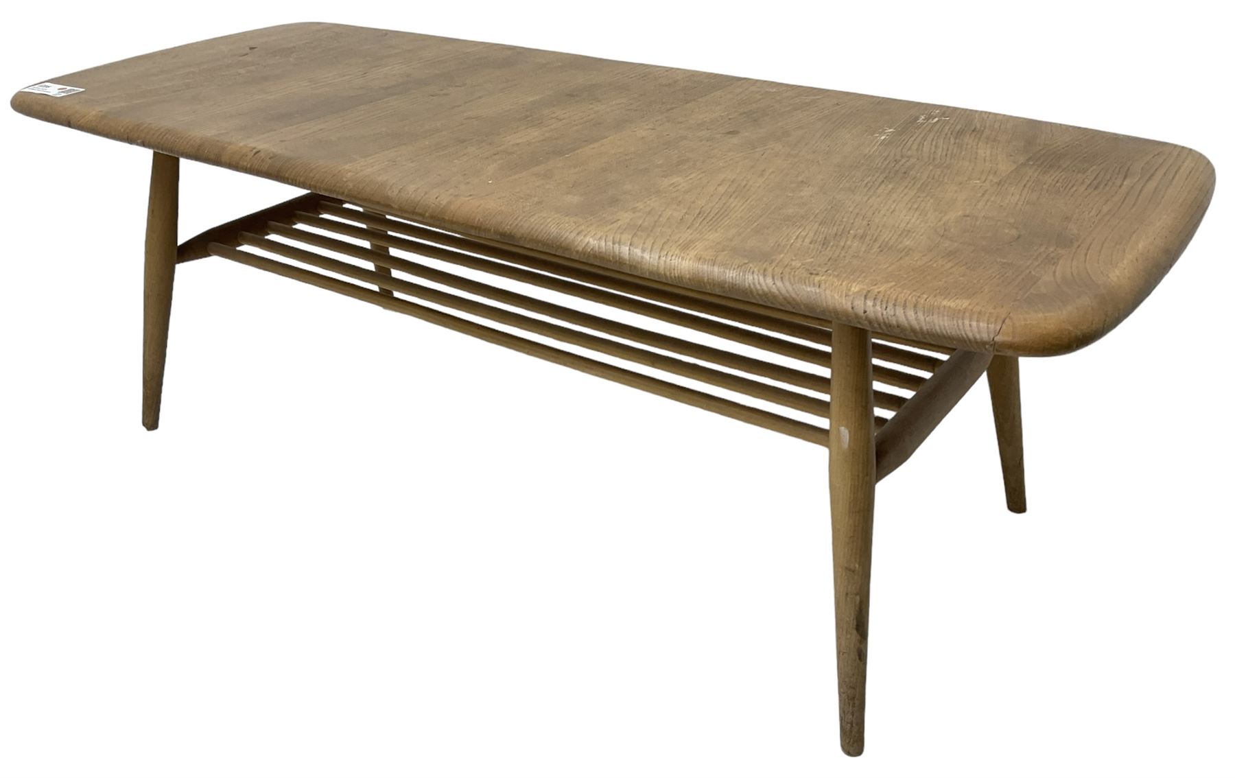 Ercol - mid-20th century blonde elm and beech model 459 coffee table, rectangular top over spindle magazine rack