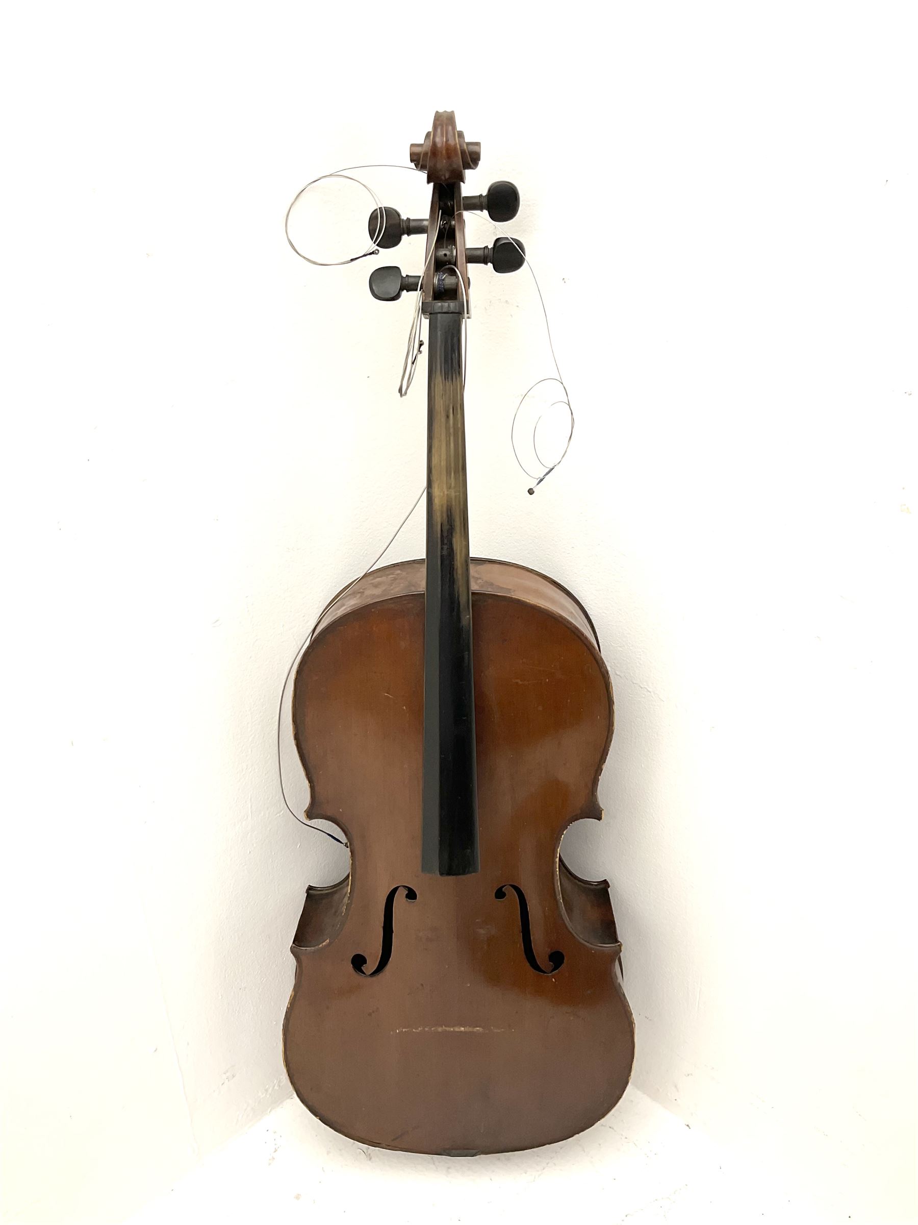German Saxony three-quarter size cello for restoration, c1920, with 69cm two-piece maple back and ribs and two-piece spruce top, L111cm overall; with bow and canvas carrying case