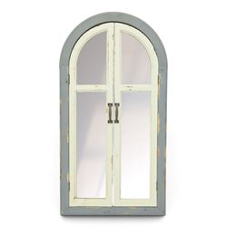 Traditional shutter garden mirror, curved grey frame enclosing a plain mirror plate, with ...