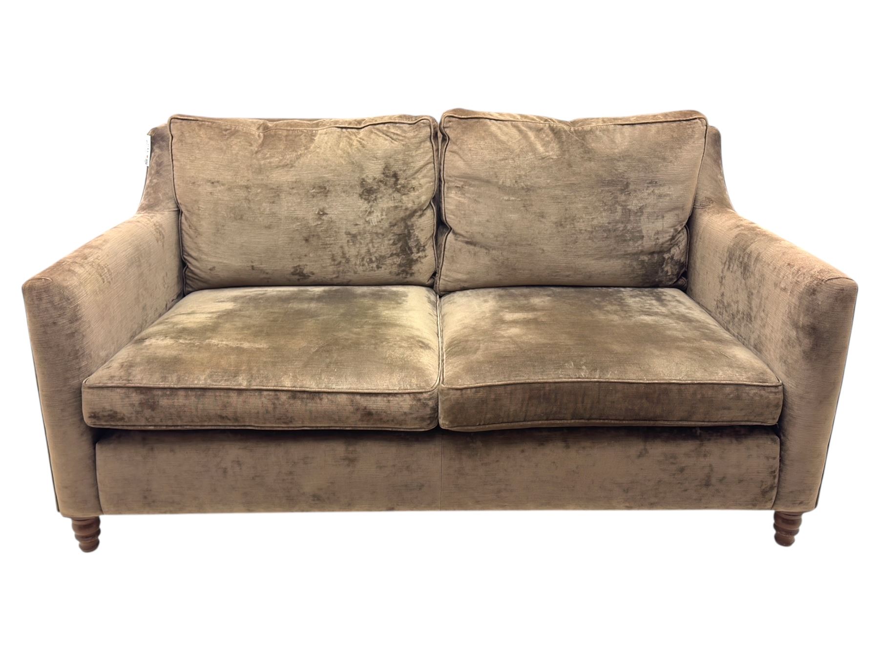 Duresta - three piece 'Finsbury' lounge suite comprising one three-seat sofa, a two-seat sofa and armchair, upholstered in mink coloured velvet, with box seat cushions and deep seat over tapered arms on short stained bun feet (Three seat H 80cm, W 207cm, D105cm, two seat H80cm, W168cm, D105cm, armchair H80cm, W89cm, D105cm)    