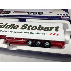Corgi Eddie Stobart - two special edition Hauliers of Renown; CC13754 Scania R Facelift Box Step Frame Trailer and CC13756 Scania R (Rear Tag) Moving Floor Trailer; and limited edition Hauliers of Renown CC13747 Scania R (Face Lift) Super Curtainside Trailer; all boxed (3)