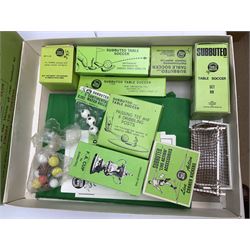 Subbuteo - table soccer game 'Continental Club Edition', booklet dated 1968/69; with boxed accessories including F.A. Cup; TV Tower; pitch flags; photographers, trainer and manager figures; additional goals; corner kickers; Match Score Recorder; Training Kit 'B'; etc