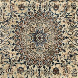 Persian Nain carpet, ivory field with concentric medallion in shades of blue and beige, surrounded by scrolling vines, palmettes and floral sprays, enclosed by multiple borders with intricate foliate motifs, originating from the Nain region of central Iran