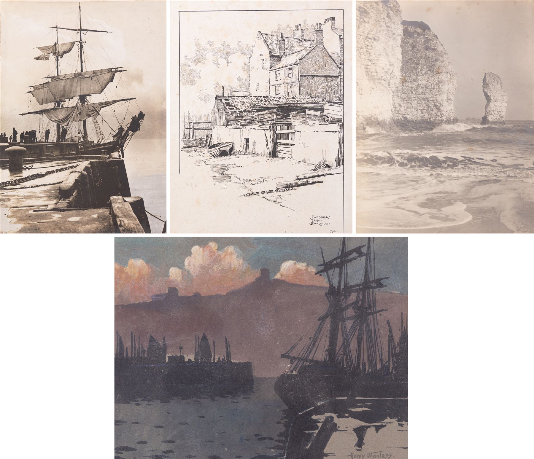 Harry Wanless (British c1872-1934): 'Scarborough' Harbour by Moonlight, watercolour signed with ESK (Kensington School) blind stamp, titled and dated 1895 verso 16cm x 21cm; Charles Edward Wanless (circa 1875-1938), 'Tweddill's Yard Sandside' Scarborough, pen and ink signed with initials and titled 27cm x 21cm and two original photographs by the artist (unframed) (4)
Provenance: private collection purchased 'Wanless Family Studio Sale' David Duggleby 15th June 2009 Lots 16 & 29