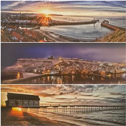 Lee Wilson (British Contemporary): 'Whitby Sunburst' 'Whitby Harbour' & 'Saltburn Sunset' , set of three colour photographic prints signed and titled on the mount 29cm x 87cm (3)