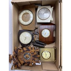 Various 20th-century mantle clocks, clock and watch parts, watch straps, tools and miscellaneous workshop equipment plus a 20th-century wall clock and hall barometer with clothes brushes.