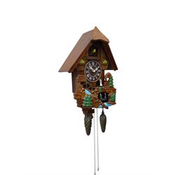 Battery operated cuckoo clock in a traditional chalet styled case with dummy weights, cuckoo, automata dancers and waterwheel. 