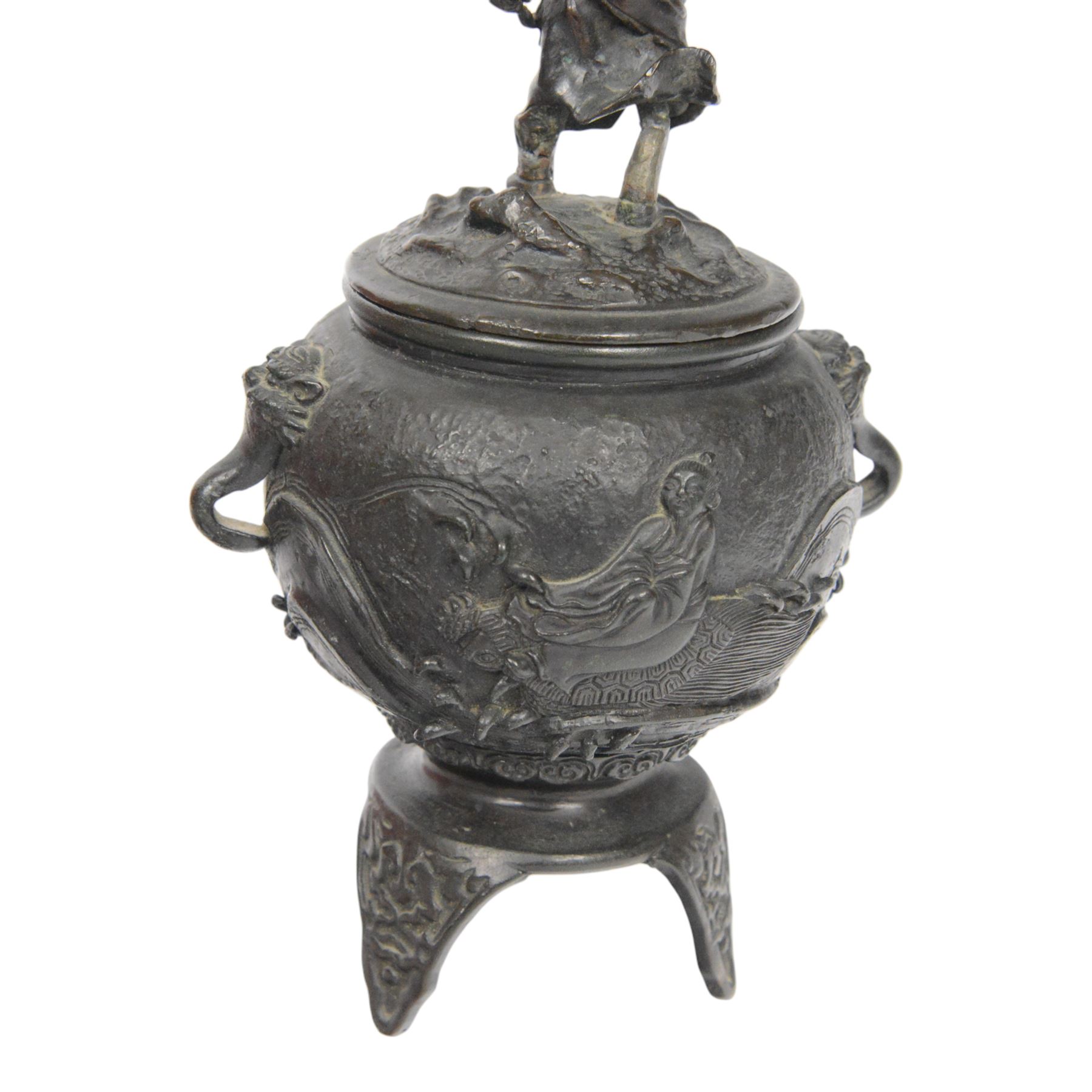 Pair of Japanese bronze koro, raised upon three feet, he body of the koro decorated with figures and animals, the cover mounted with figures, H24cm