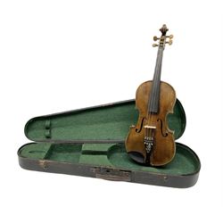 Late 19th century German violin with 36cm two-piece maple back and ribs and spruce top; bears label for 'Thomas Jacklin Violin Maker & Repairer Hull 1879'; 60cm overall; in ebonised wooden coffin case.