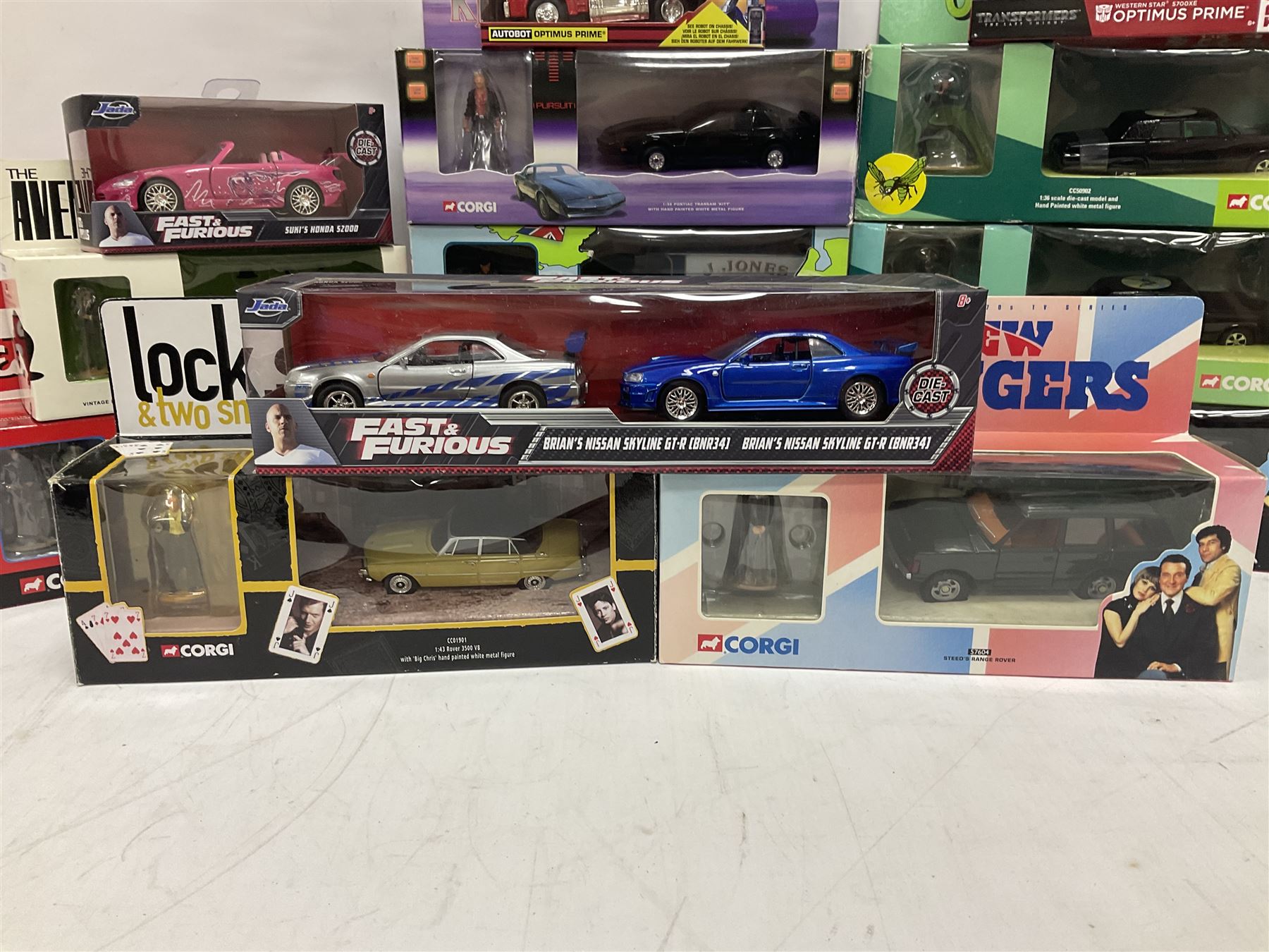 Corgi etc - seventeen TV/Film related die-cast models including Lock Stock & Two Smoking Barrels, The New Avengers, The Green Hornet, Fast & Furious, The Avengers, Starsky & Hutch, Knight Rider, Dads Army, Transformers, Power Rangers, Ghostbusters etc; all boxed (17)