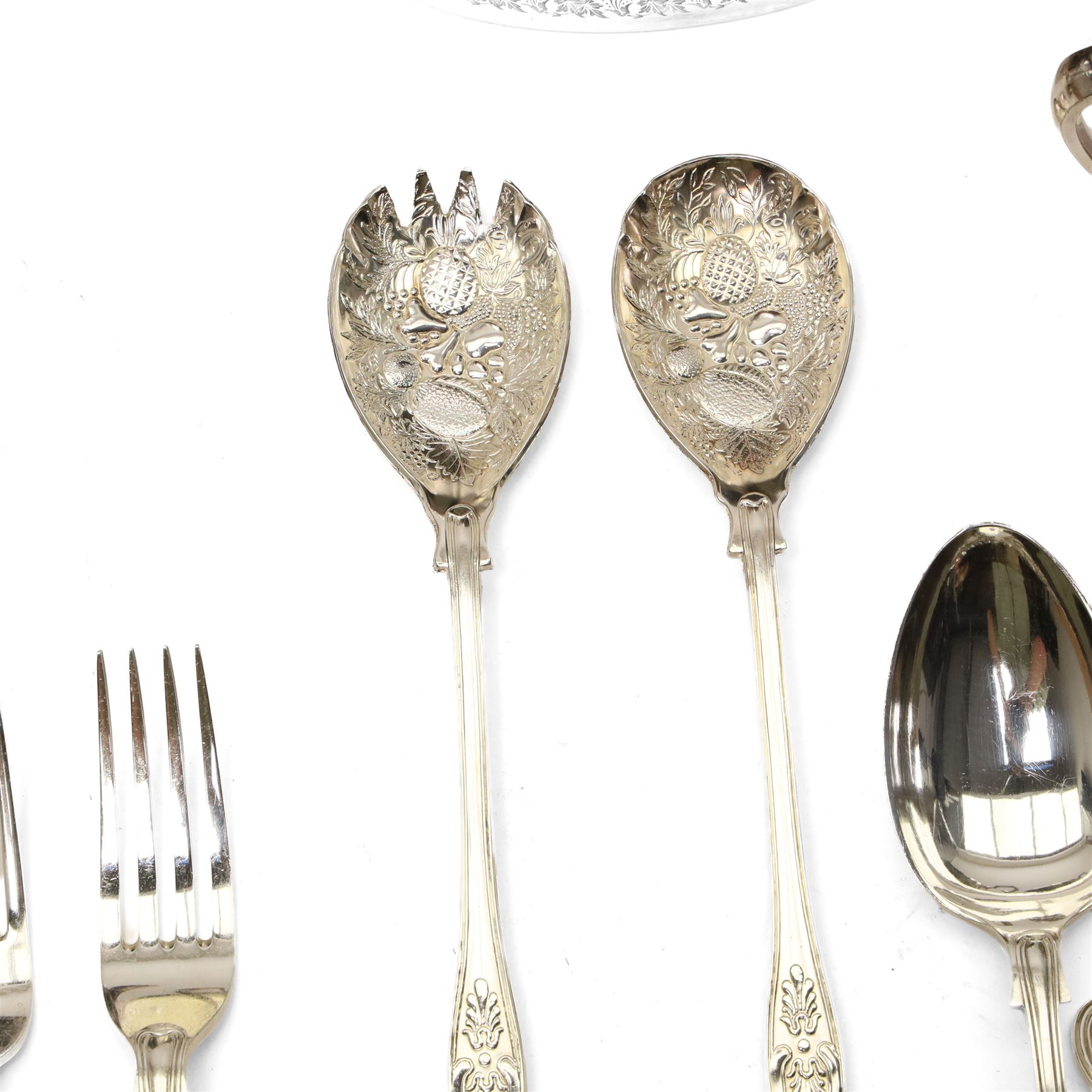 Quantity of Kings pattern plated cutlery, Walker & Hall plated three piece tea set, three silver handles knives etc