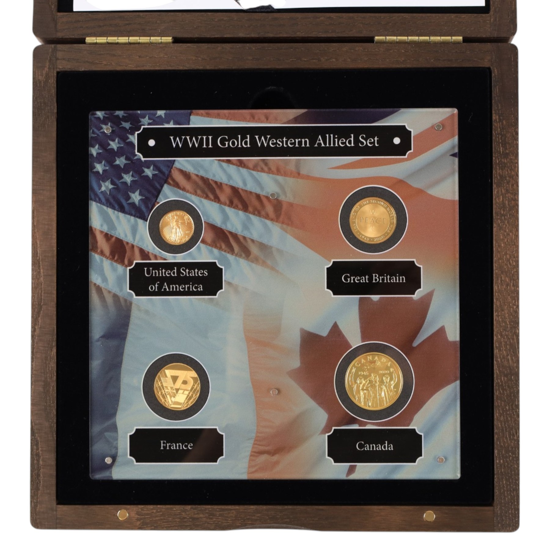 The London Mint Office 'The 2020 World War II Western Allied Set', comprising United States of America one tenth ounce gold five dollar coin, United Kingdom fine gold proof twenty-five pound coin, France fine gold proof fifty euro coin, and Canada 14ct gold proof one hundred dollar coin, cased with certificate