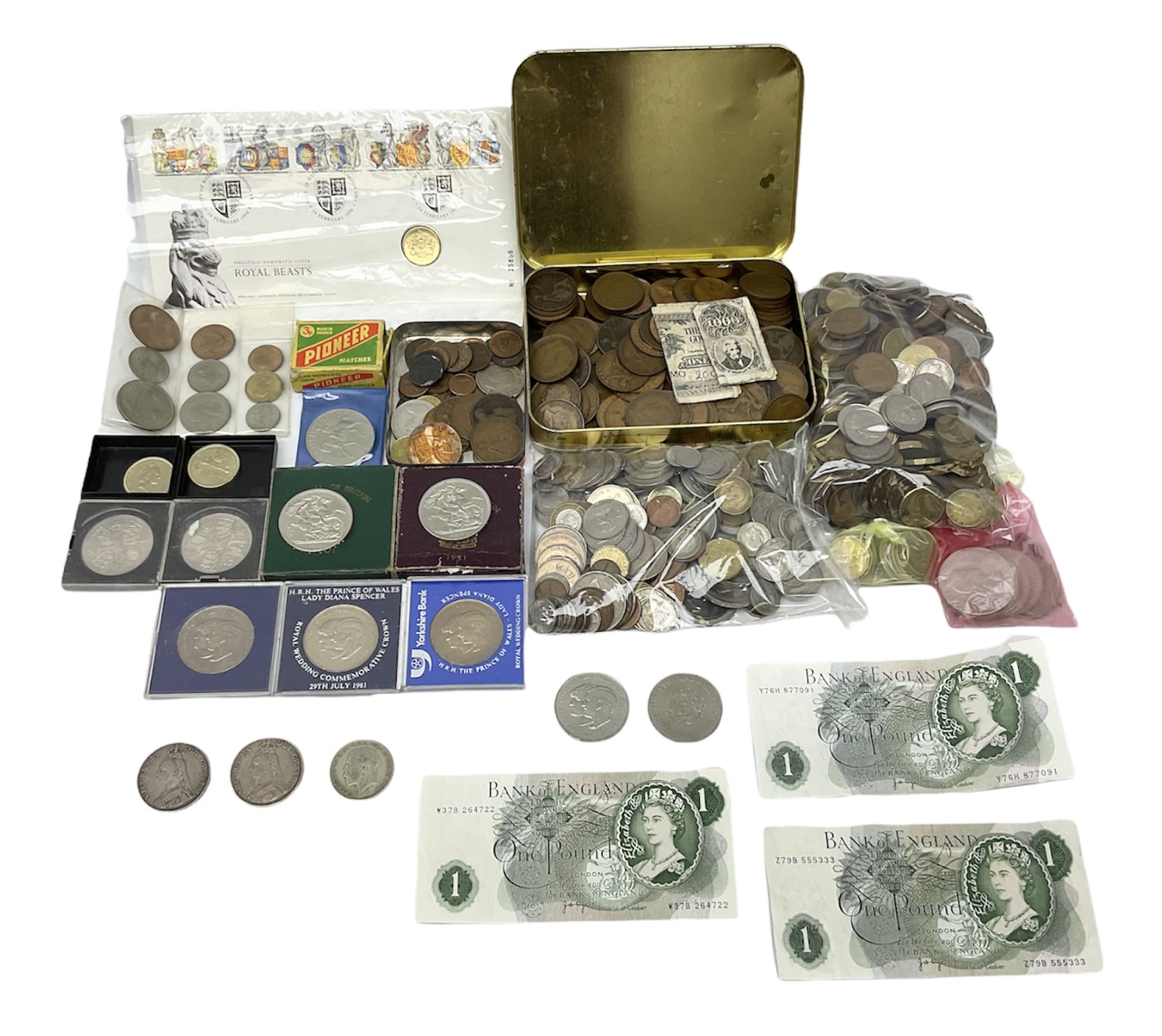 Great British and World coins including Queen Victoria 1887 and 1888 double florins, King George V 1929 halfcrown, King George VI 1951 Festival of Britain crown, commemorative crowns, Queen Elizabeth II 1953 nine coin set in blister pack, 1989 and 1995 two pound coins, various pre-decimal pennies and other coinage