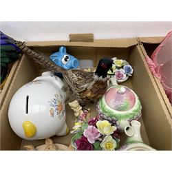 Three table lamps including ceramic floral example and a carved resin example, Wedgwood Jasperware trinket dish and a collection of ceramic pigs including three graduating wall plaques and other collectables, in three boxes 
