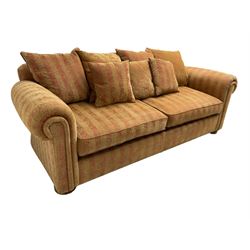 Duresta - 'Waldorf' sofa bed, traditional shape with rolled arms upholstered in red and gold striped fabric, together with scatter cushions upholstered in foliage pattern fabric