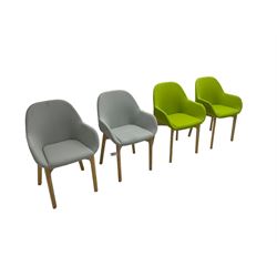 Elite - set eight oak framed office tub chairs, back and seat upholstered in navy blue, lime green, grey or blue fabric
