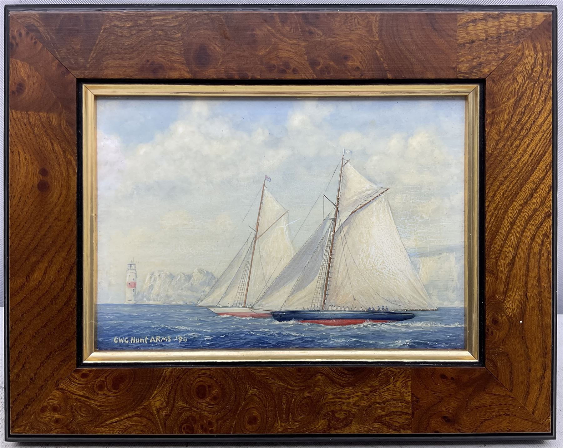 Geoff Hunt RMS (British 1948-): 'Britannia and Valkyrie II off The Needles 1893', oil on board signed and dated '90, titled and inscribed verso 8.5cm x 12.5cm