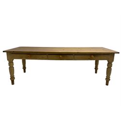  Victorian rustic rectangular pine kitchen table, fitted with three drawers, raised on ring turned supports