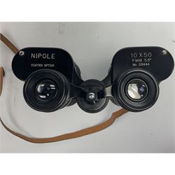 Pair of British World War Two issue black-painted binoculars, Bino 7x50 No. 5, 6E/320, No. 87412, MoD.B/42, with case, together with Nipole 10 x 50 binoculars and two other pairs