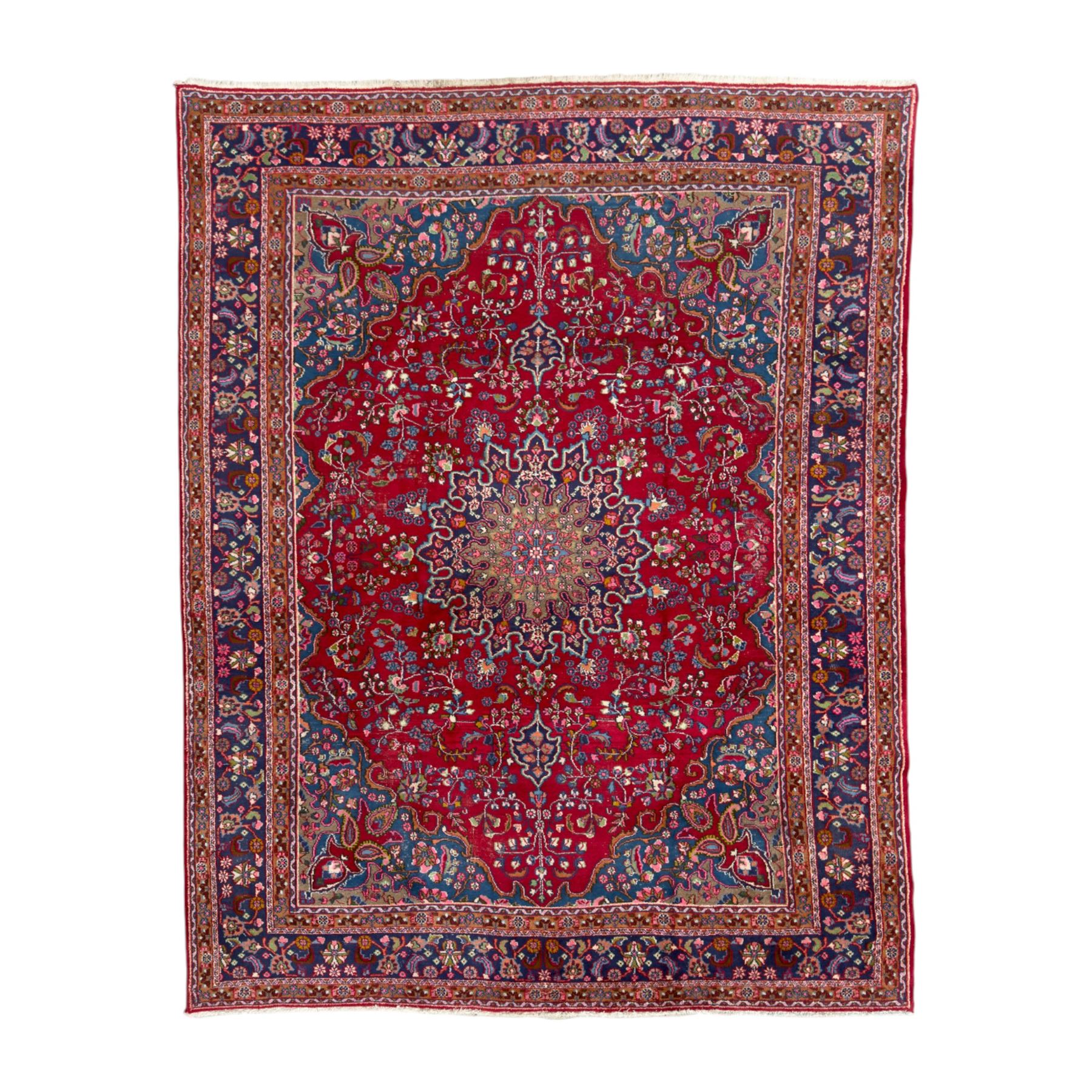 Pair of Persian wool rugs, each with rich red ground, one centred with a diamond-shaped medallion and navy spandrels within a floral field, the other with radiating floral medallion and scrolling foliate motifs, both enclosed by multiple borders with palmette and flowerhead designs, from the region of Kashan 291x376, 299 x 378 
