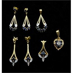 Two sets of gold matching sapphire and diamond stud pendant earrings and pendants and one other sapphire and diamond heart shaped pendant, all hallmarked or tested 