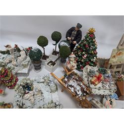 Dolls house conservatory and garden accessories, including sofa and chairs, trees, plants, paintings, Christmas decorations, etc 