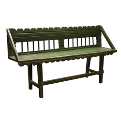  Early 19th century country green painted bench, shaped top rail above spindle back, plank seat, W163cm, H85cm, D36cm  