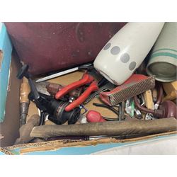 Alba TR10 Portable black and white TV with 3 band radio and Matsu travel clock radio together with quantity of various tools and Sparklets Limited soda syphon, together with BOC soda syphon, Serial No. Shuz, tallest example H32cm