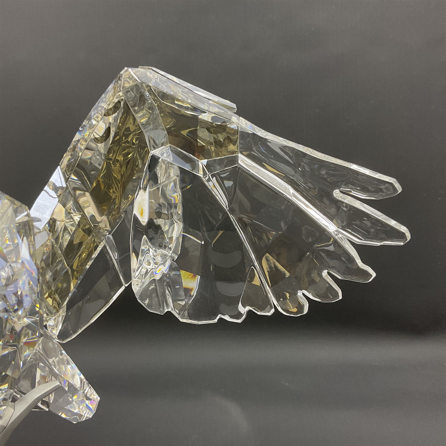 Swarovski Crystal Soulmates, Snowy Owl, upon stylised metal base, H30cm 