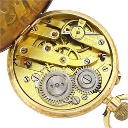 Early 20th century 14ct gold open face, keyless cylinder fob watch, white enamel dial with Roman numeral hour markers, case with engraved foliate decoration, stamped 14K