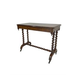 Victorian rosewood stretcher table, rectangular top on spiral turned supports, arched platform feet on brass cups and castors
