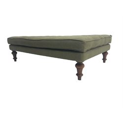 Peter Silk of Helmsley - large rectangular footstool upholstered in buttoned green tweed fabric, on turned mahogany feet