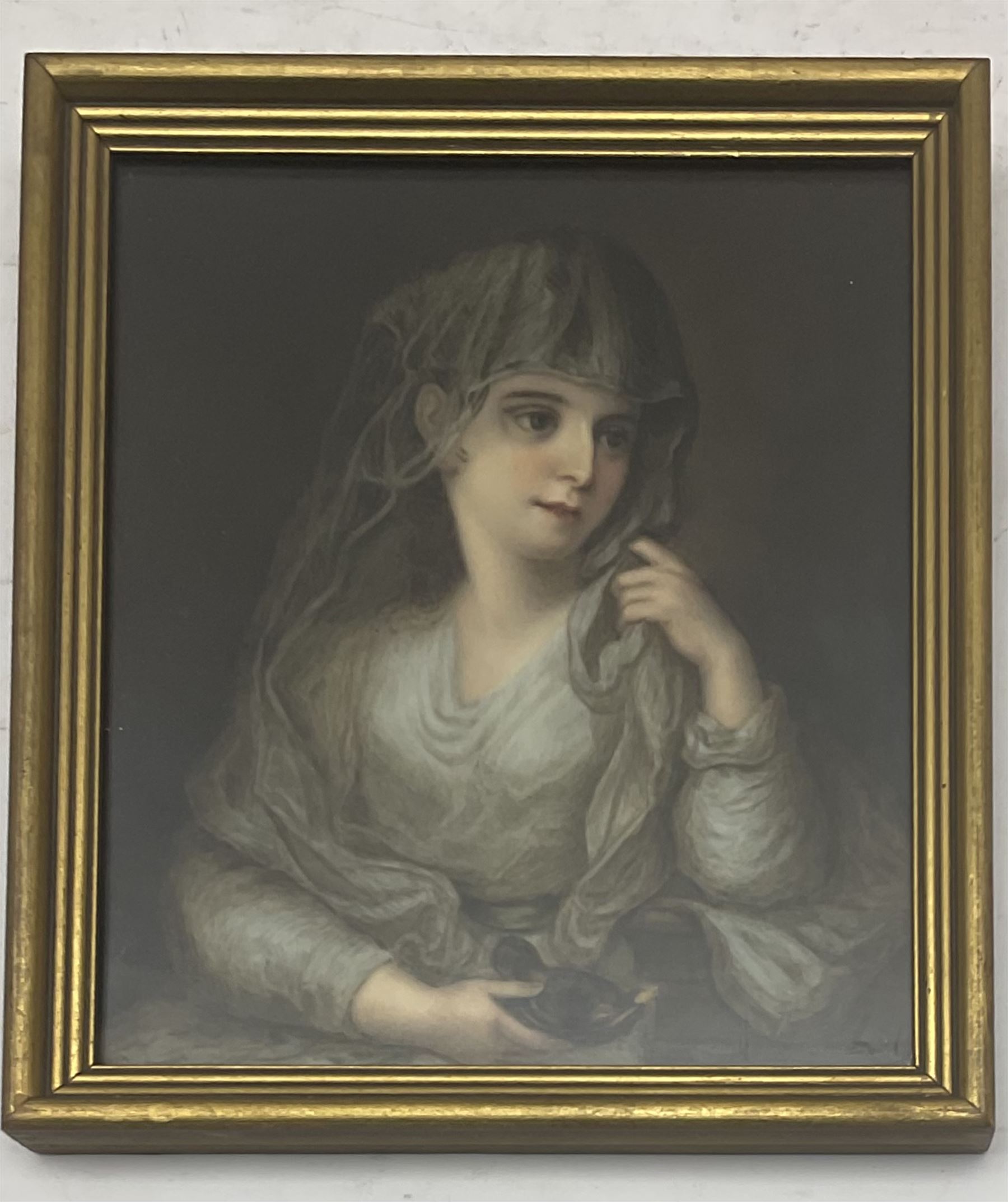 After Angelica Kauffman (Swiss 1741-1807): Portrait of a lady as Vestal Virgin, painted porcelain plaque unsigned 20cm x 17cm