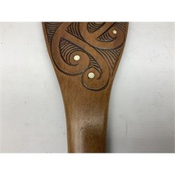 Maori hardwood Patu club, carved and detailed with bone inlay, 42cm