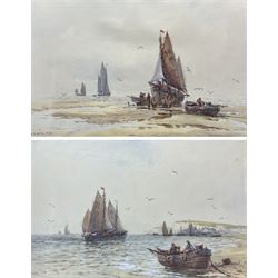 A D Bell (AKA Wilfred Knox) (British 1884-1966): 'Fishing Boats off Scarborough' and 'Awaiting the Tide - Whitby Coast', pair watercolours with scratching out signed and dated 1906, 27cm x 42cm (2) 
Provenance: private collection, purchased David Duggleby Ltd Scarborough 13th September 1999, Lot 339