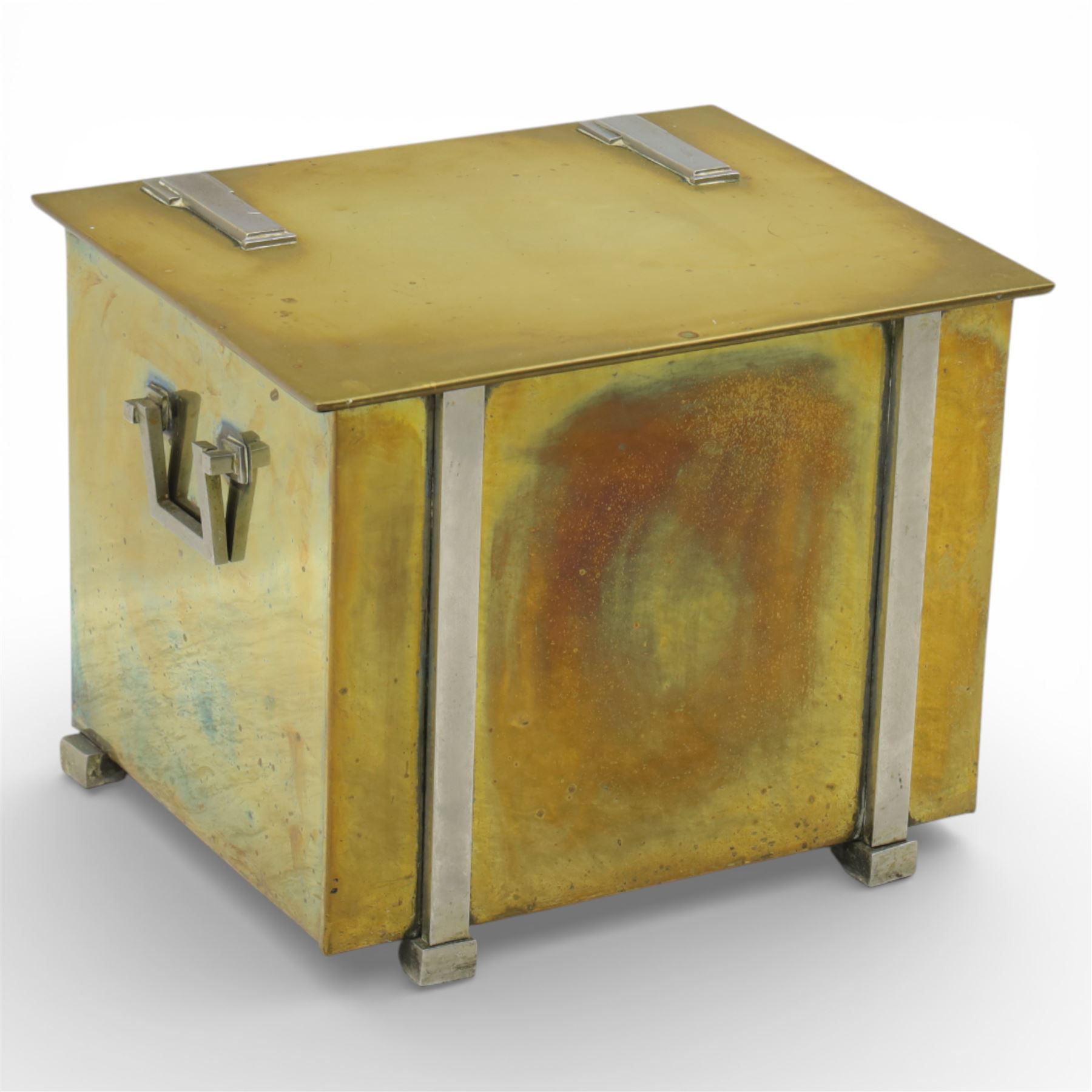 Early 20th century brass coal box, square hinged lid with recessed rectangular handle plates, the front fitted with a swing carrying handle, opening to a removable blackened metal liner, raised on short bracket feet