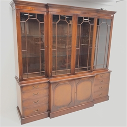 Wade Georgian style mahogany breakfront bookcase display cabinet, projecting cornice, dentil frieze, four doors enclosing six glazed shelves, eight graduating drawers flanking two cupboards, plinth base, W211cm, H203cm, D46cm