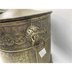 Brass coal bin and cover, with twin lion mask ring handles, together with a brass bed warming pan