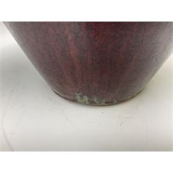 Large studio stoneware pottery planter/vase of baluster form, decorated with mottled dark red and duck egg blue design, H48cm