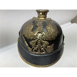 Imperial German Other Ranks style Pickelhaube helmet with white metal fire brigade badge to the centre of the helmet plate