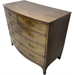 Early 19th century mahogany bow-front chest, fitted with two short over three long cock-beaded drawers, on splayed feet