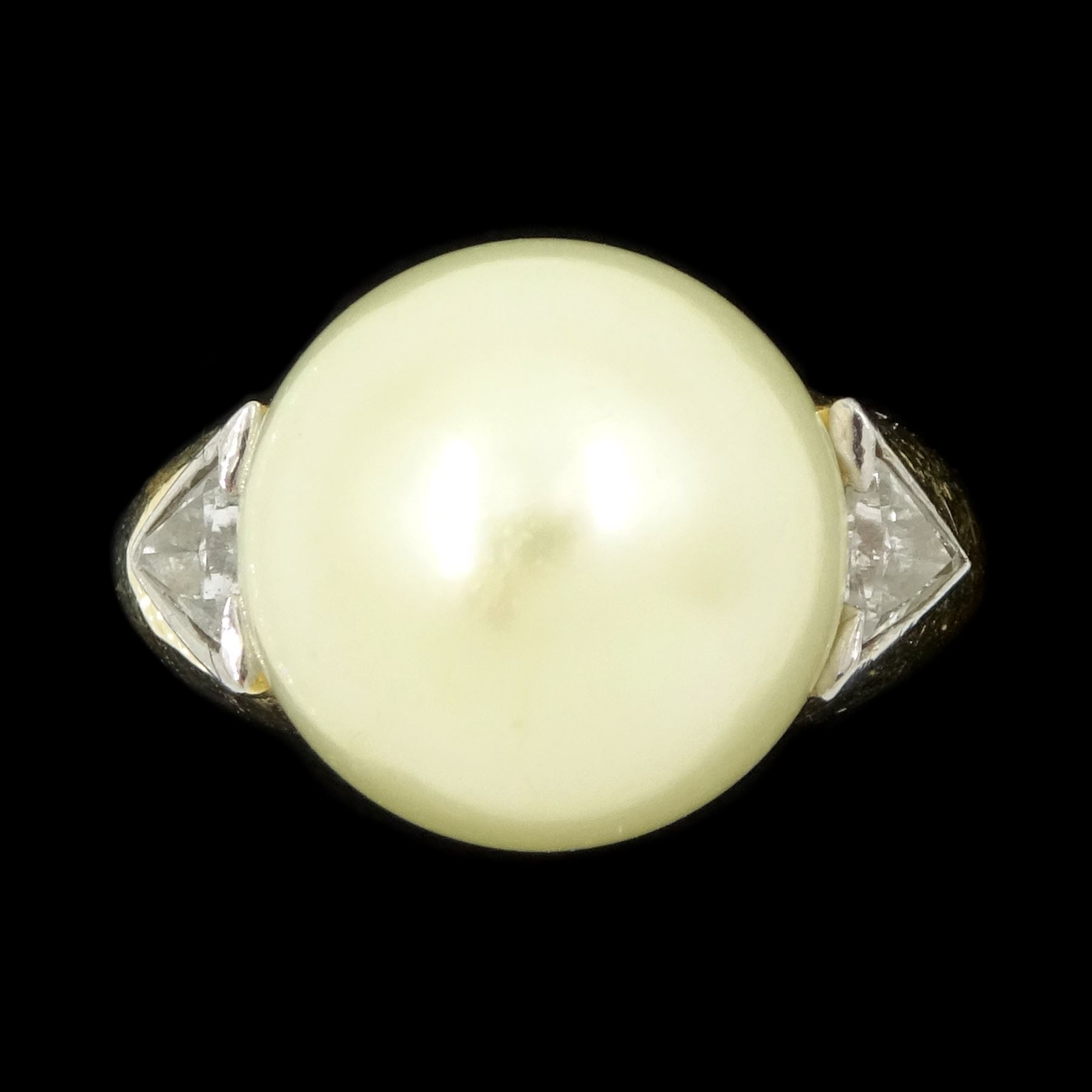 French 18ct gold three stone cultured pearl and trilliant cut diamond ring, Eagle hallmark, total diamond weight approx 0.40 carat