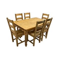Solid pine dining table, rectangular top on spiral turned supports; together with set six pine ladder back dining chairs 